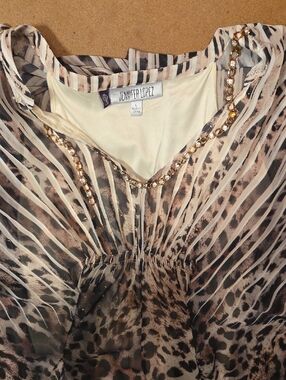 Jennifer Lopez Striped Leopard Print Blouse with Gold Beaded Neckline